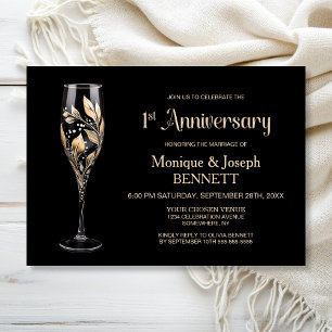 Champagne Glass Gold Leaf 1st Wedding Anniversary Invitation