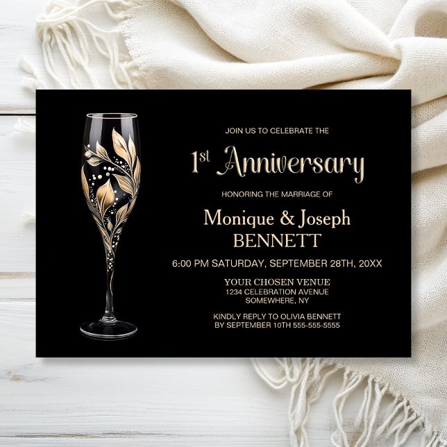 Champagne Glass Gold Leaf 1st Wedding Anniversary Invitation (Creator Uploaded)