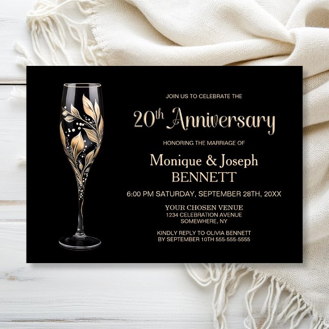 Champagne Glass Gold Leaf 20th Wedding Anniversary Invitation (Creator Uploaded)