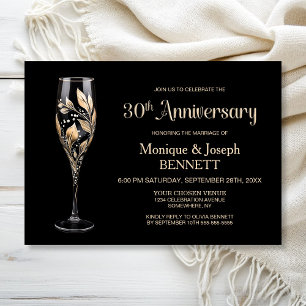Champagne Glass Gold Leaf 30th Wedding Anniversary Invitation