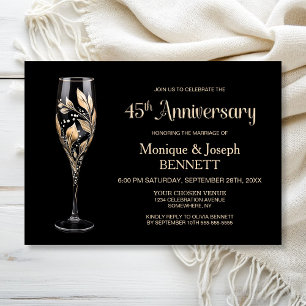 Champagne Glass Gold Leaf 45th Wedding Anniversary Invitation