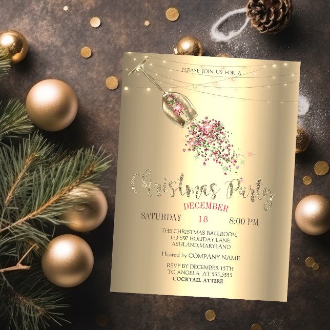 Champagne Glass,Lights Gold Christmas Company Invitation (Creator Uploaded)