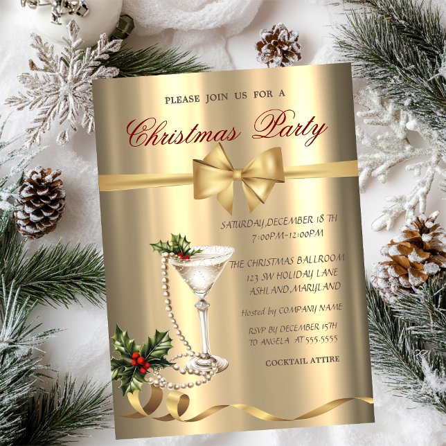 Champagne Glass Pearls Bow Gold Christmas Party  Invitation (Creator Uploaded)