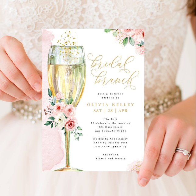 Champagne Glass Pink and Gold Floral Bridal Brunch Invitation (Creator Uploaded)