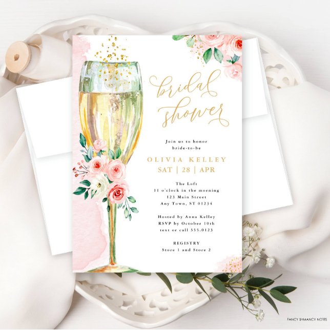 Champagne Glass Pink and Gold Floral Bridal Shower Invitation (Creator Uploaded)