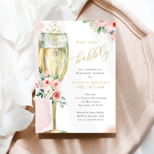 Champagne Glass Pink + Gold Floral Bridal Luncheon Invitation