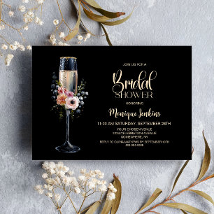 Champagne Glass Pink Orange Floral Bridal Shower Invitation