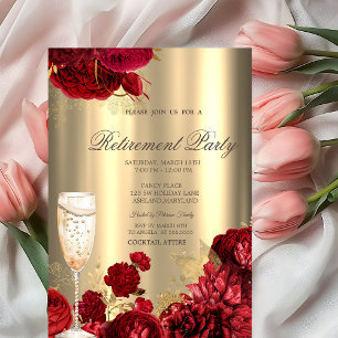 Champagne Glass Red Roses Gold Retirement Party Invitation