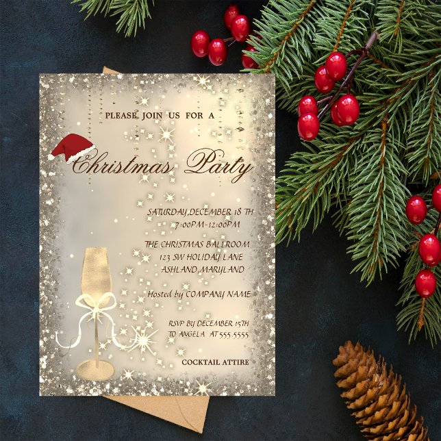 Champagne Glass Santa Hat Christmas Party Invitation (Creator Uploaded)