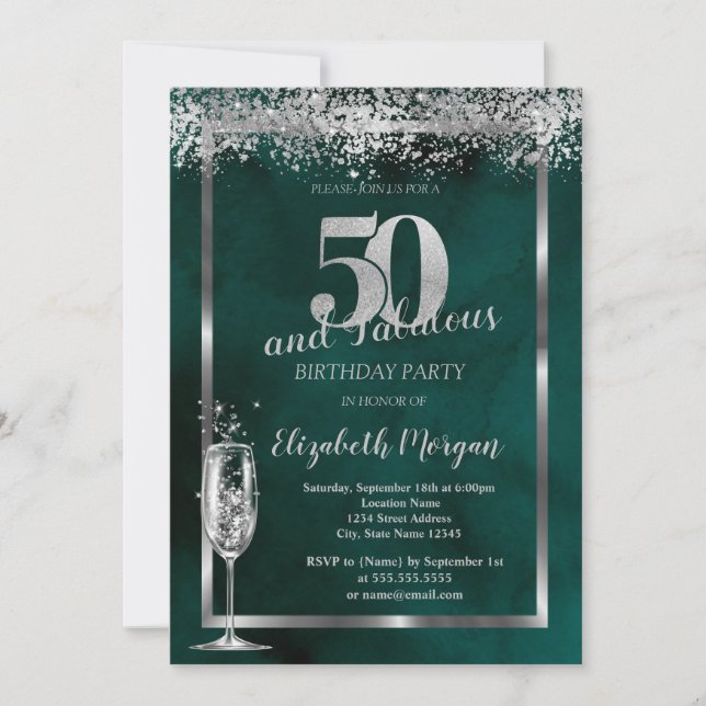 Champagne Glass Silver Confetti Green 50th  Invitation (Front)