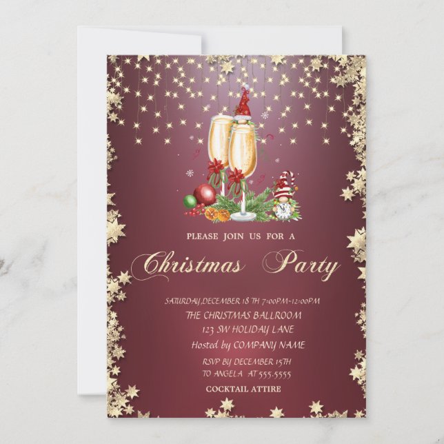 Champagne Glass,Stars Gnomes Christmas Party Invitation (Front)