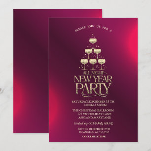 Champagne Glass Stars Red Cocktail Christmas Invitation