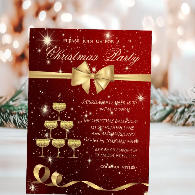 Champagne Glass Tree ,Bow,Red,Christmas Party Invitation (Creator Uploaded)