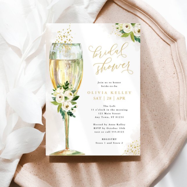 Champagne Glass White & Gold Floral Bridal Shower Invitation (Creator Uploaded)