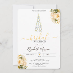 Champagne Glass White Roses Bridal Luncheon  Invitation
