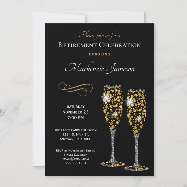 Champagne Glasses Black Gold Retirement Invitation (Front)