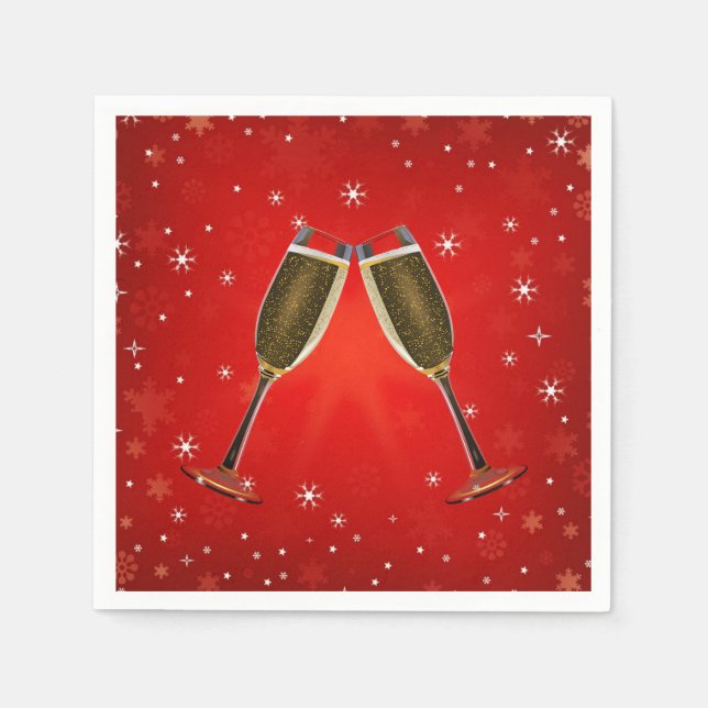 Champagne Glasses Celebration Gold on Red Napkin (Front)