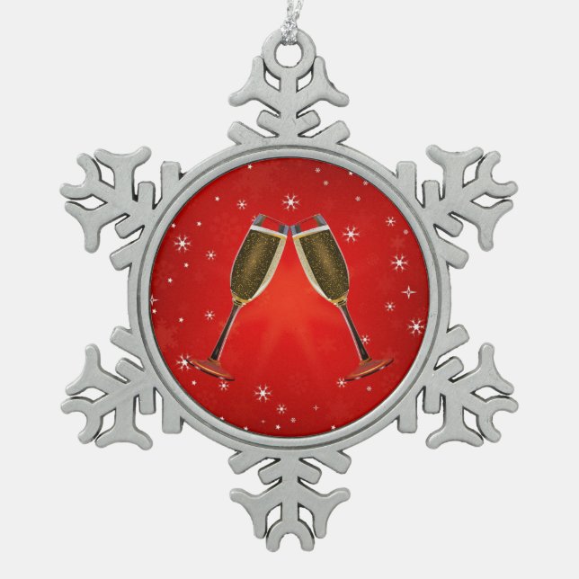 Champagne Glasses Celebration Gold on Red Snowflake Pewter Christmas Ornament (Front)