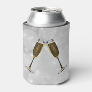 Champagne Glasses Celebration Gold on Silver Can Cooler