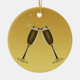 Champagne Glasses Celebration on Gold Ceramic Tree Decoration