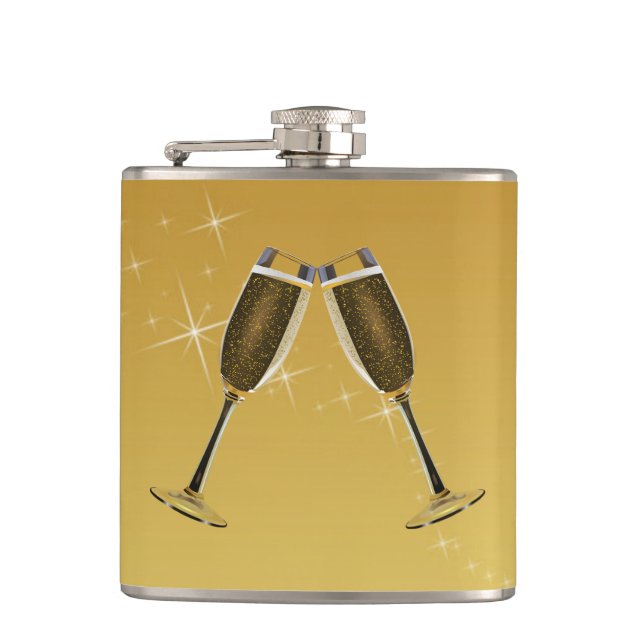 Champagne Glasses Celebration on Gold Hip Flask (Front)