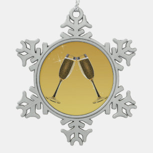 Champagne Glasses Celebration on Gold Snowflake Pewter Christmas Ornament