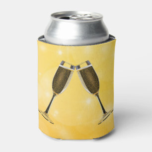 Champagne Glasses Celebration on Sparkling Gold Can Cooler