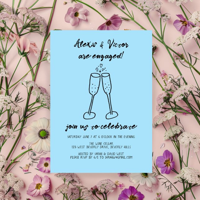 Champagne Glasses Cheers Custom Engagement Party Invitation (Champagne Glasses Cheers Custom Engagement Party Invitation Blue Hand Drawn Doodle
)