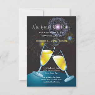 Champagne Glasses Fireworks - 3x5 New Year's Party Invitation