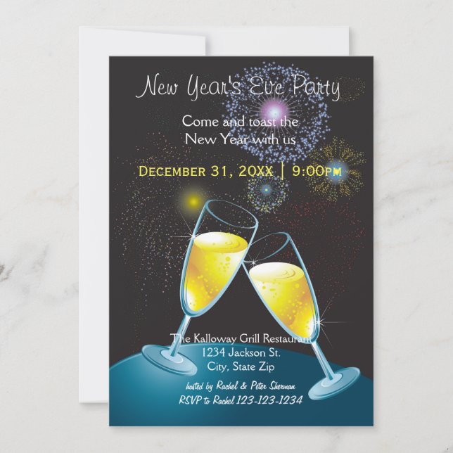 Champagne Glasses & Fireworks-New Year's Eve Party Invitation (Front)