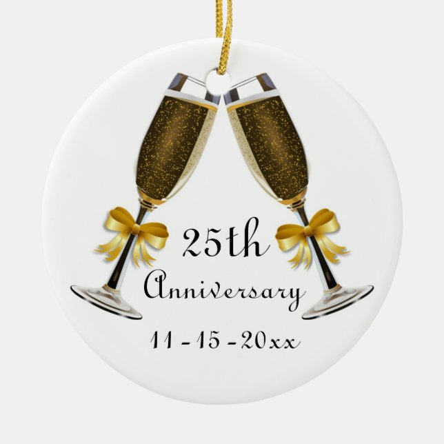 Champagne Glasses Gold Bow Anniversary Custom Year Ceramic Tree Decoration (Front)
