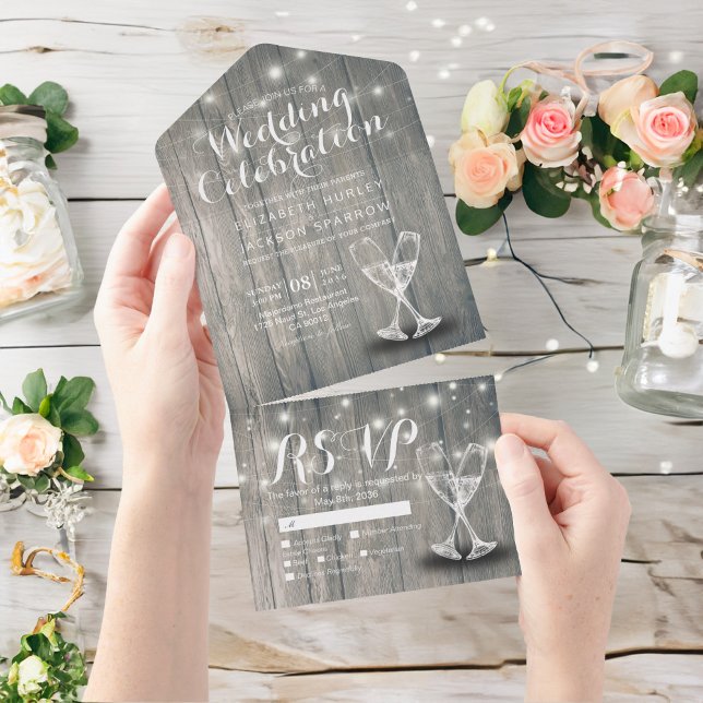 Champagne Glasses Rustic Wood String Light Wedding All In One Invitation (Creator Uploaded)