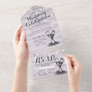 Champagne Glasses Rustic Wood String Light Wedding All In One Invitation