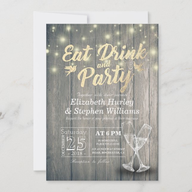 Champagne Glasses Wood EAT Drink and Party Wedding Invitation (Front)