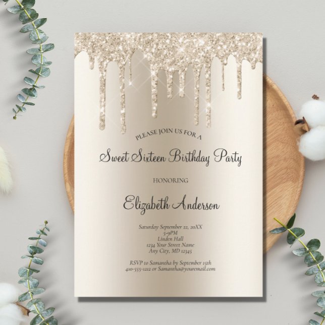 Champagne Glitter Drip Glam Sweet 16 Birthday  Invitation (Creator Uploaded)