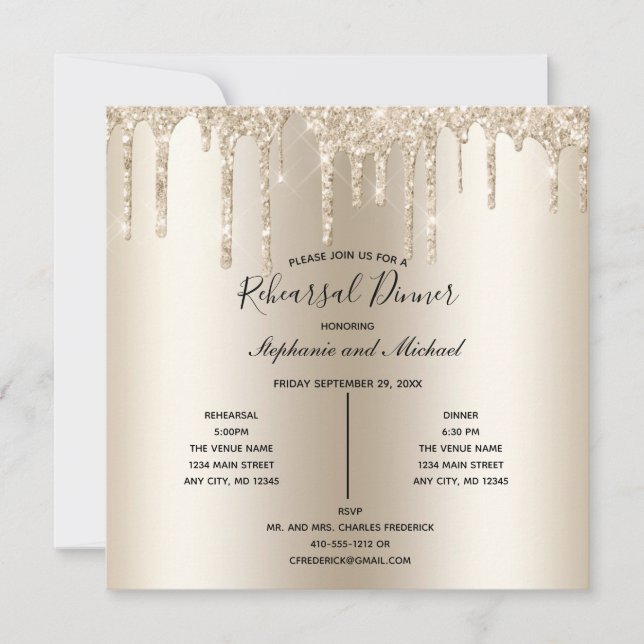 Champagne Glitter Drip Rehearsal Dinner Invitation (Front)