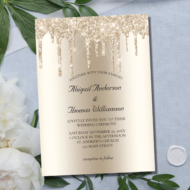 Champagne Glitter Drip Trendy Elegant Wedding Invi Invitation (Creator Uploaded)