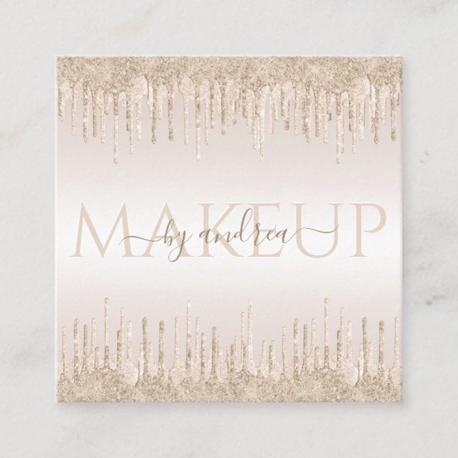 Champagne Glitter Dripping Chic Glam Makeup Artist Square Business Card (Front)