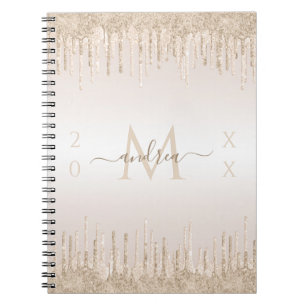 Champagne Glitter Dripping Monogram & Year Dated Notebook