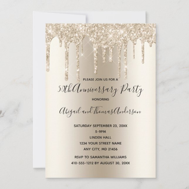 Champagne Glitter Drips Wedding Anniversary Formal Invitation (Front)