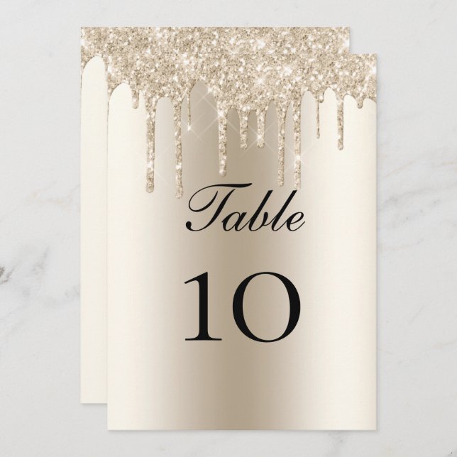 Champagne Glitter Drips Wedding Table Flat Card (Front/Back)