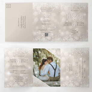 Champagne Glitter Photo All in One  Budget Wedding Tri-Fold Invitation