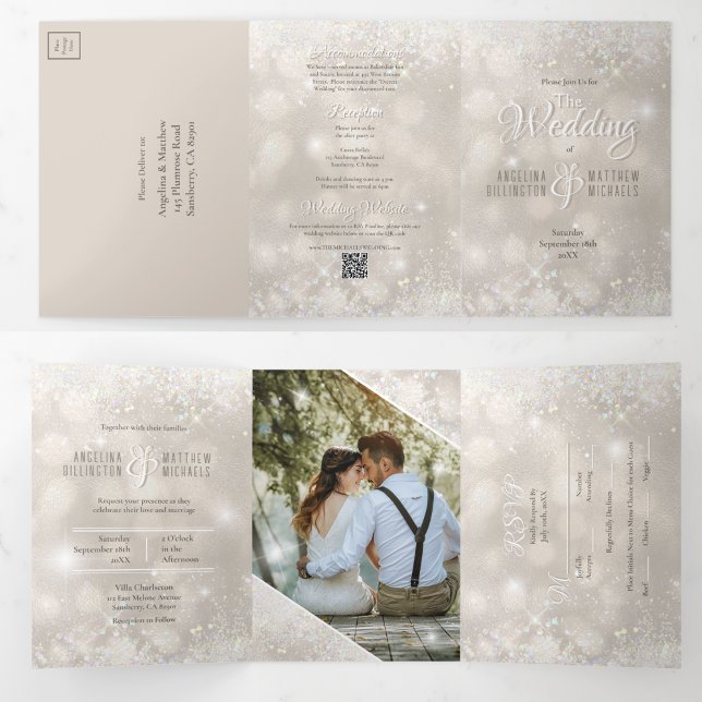 Champagne Glitter Photo All in One  Budget Wedding Tri-Fold Invitation (All in One Trifold Champagne Glitter Budget Wedding Invitation)