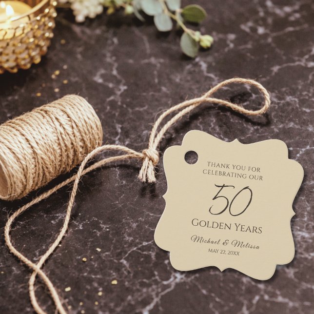 Champagne Gold 50th Anniversary Favour Tag (Champagne gold scalloped favor tag with rustic twine detail)