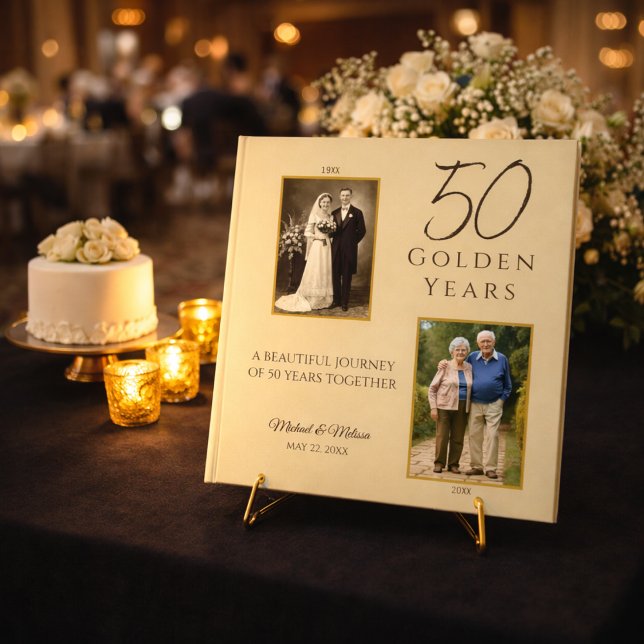 Champagne Gold 50th Anniversary Guestbook   (Champagne gold 50th anniversary guestbook on easel display)