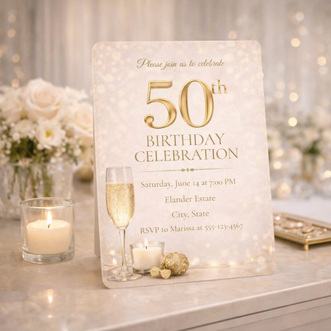 Champagne Gold 50th Glow Invitation (Champagne gold glow sets the tone for a refined 50th birthday evening celebration)
