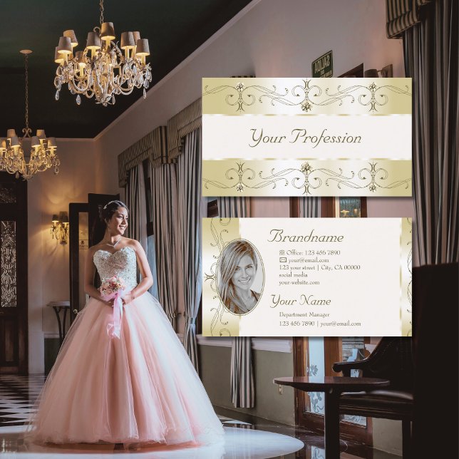 Champagne Gold and Cream Ornate Borders with Photo Business Card (Creator Uploaded)