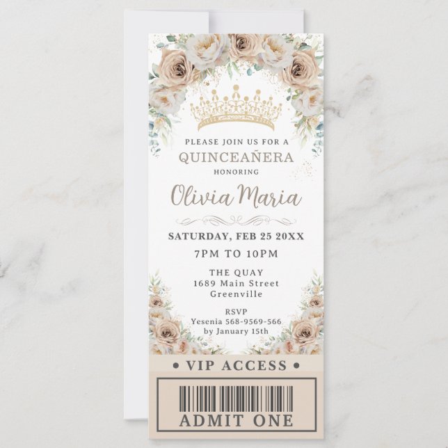 Champagne Gold Beige Floral Quinceañera VIP Ticket Invitation (Front)