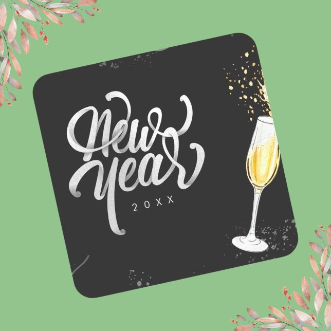 Champagne Gold Black Wine Glass Confetti Modern Square Sticker (Creator Uploaded)