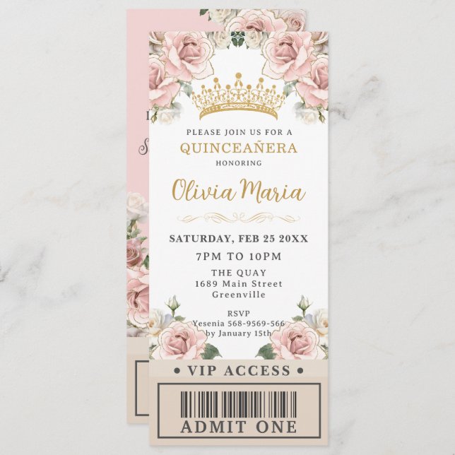 Champagne Gold Blush Floral Quinceañera VIP Ticket Invitation (Front/Back)